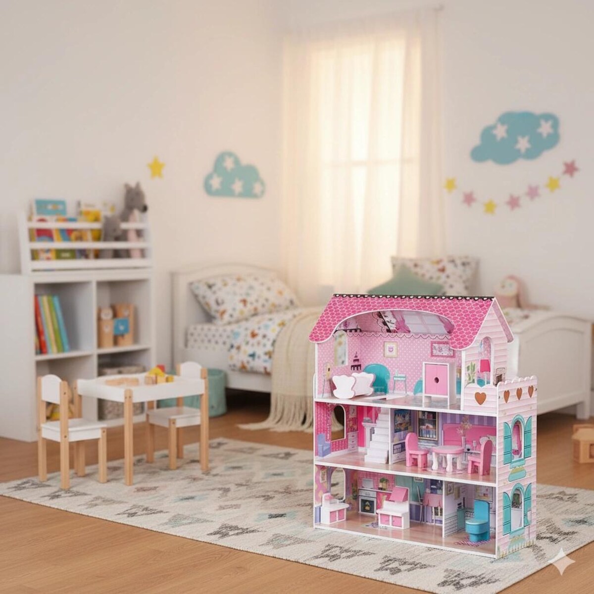 Domek dla lalek WOOPY LED drewniany XL – 3-poziomowy domek z 8 mebelkami i balkonem