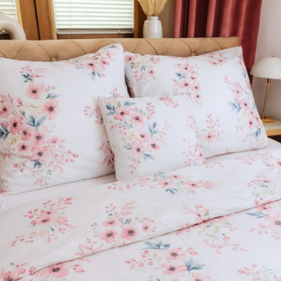 Pościel bawełniana satynowa 200x220 cm POLSKA Kwitnąca Wiśnia biała