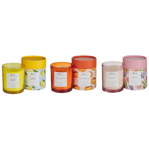 Zestaw 3 świeczek zapachowych COLORFUL BARREL Wosk sojowy Nuty orientalne Nuty ziołowe Nuty kwiatowe