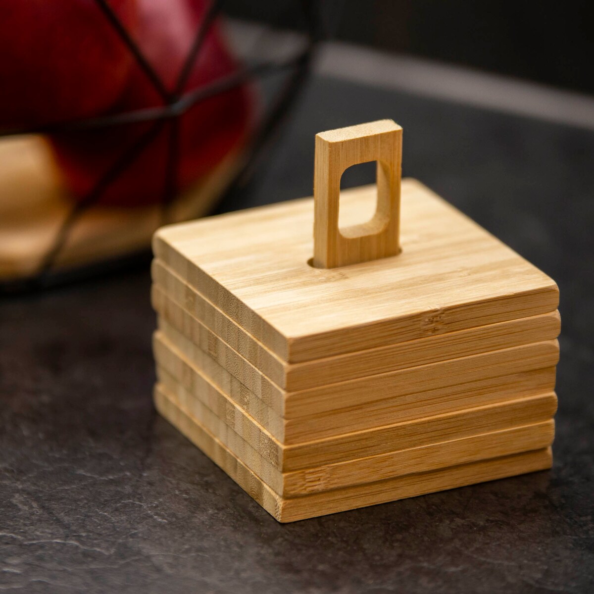 Podkładki pod kubek na stojaku, 6 sztuk, 10 x 10 cm, bambus