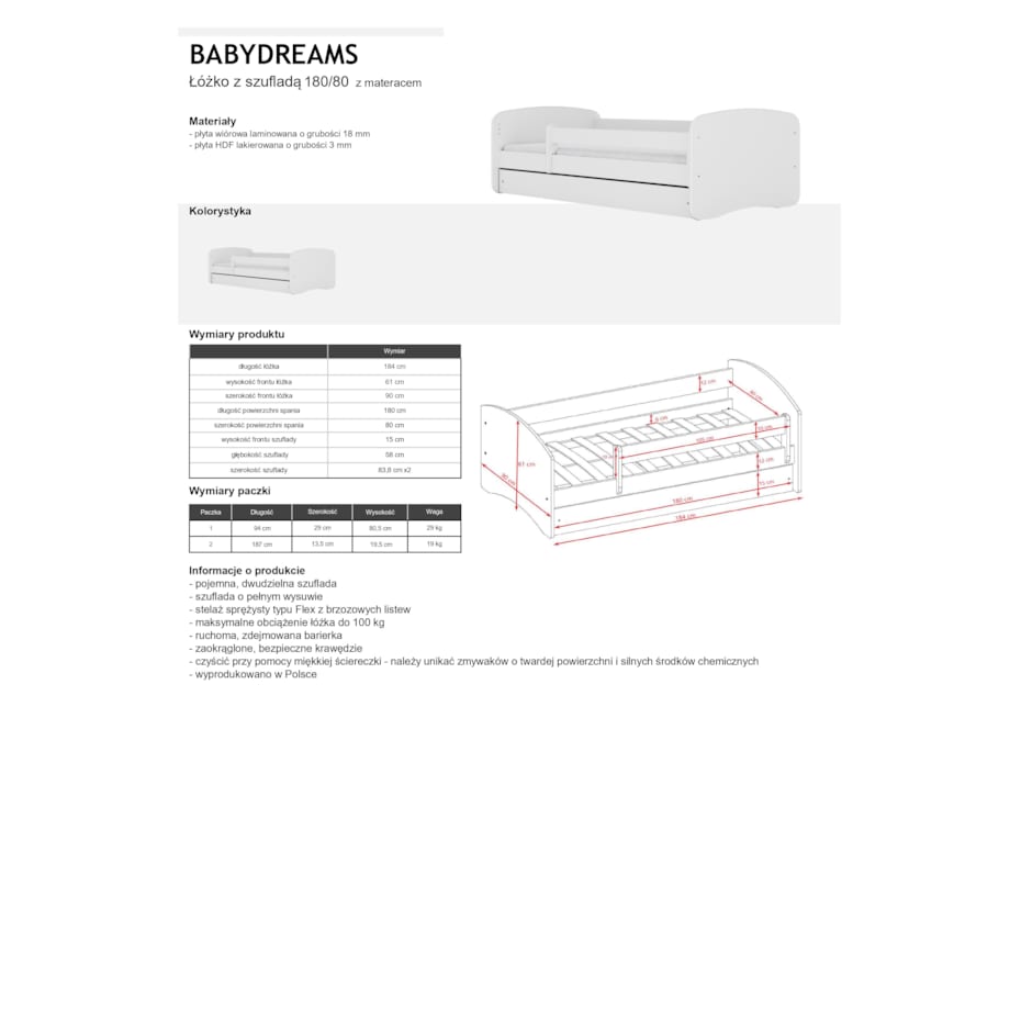 Łóżko babydreams białe bez wzoru z szufladą materac 180/80
