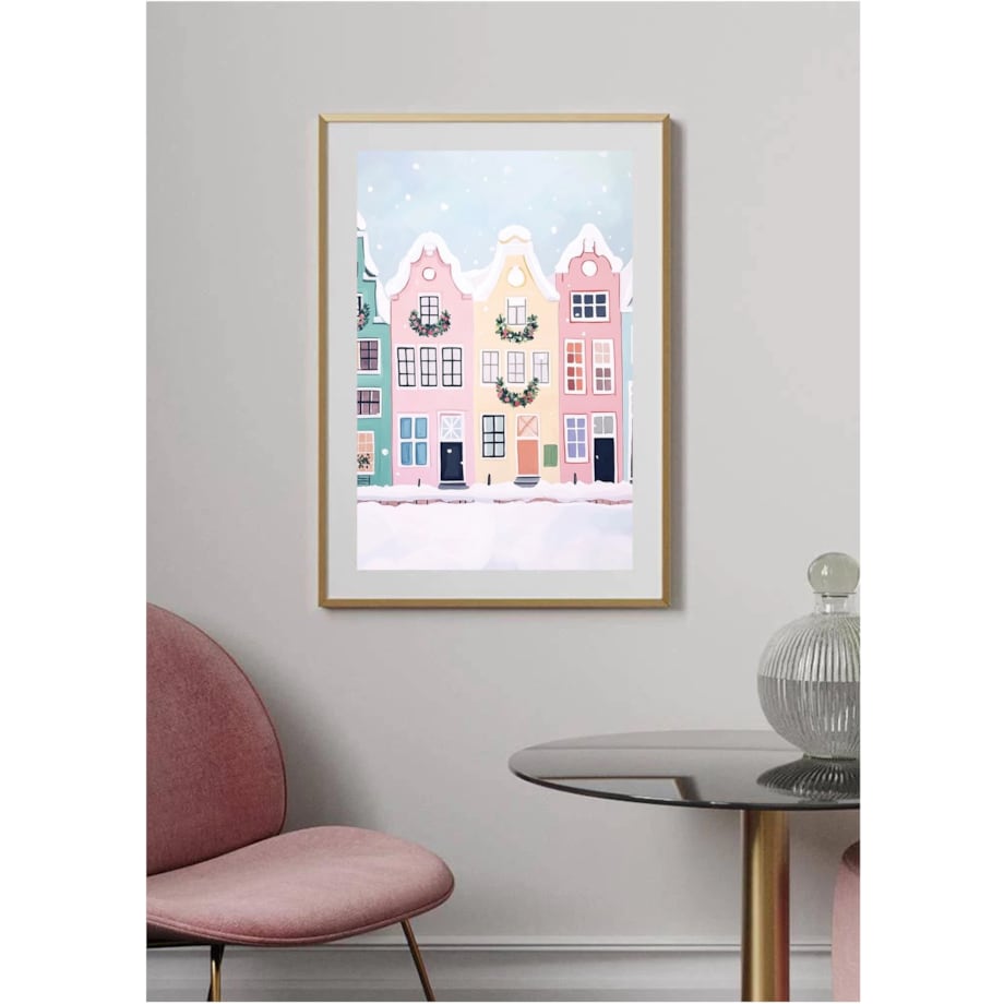 Poster Story, Plakat, Obraz - Pastelowe Domy z Świątecznymi Wieńcami, wymiary 30 x 42 cm