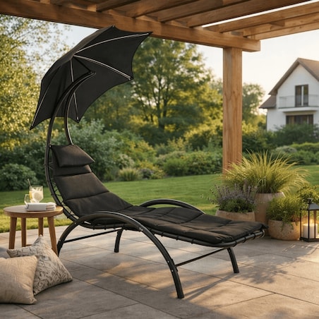 Leżak Ogrodowy Z Parasolem Leżanka Z Daszkiem Łóżko Czarny CARPA