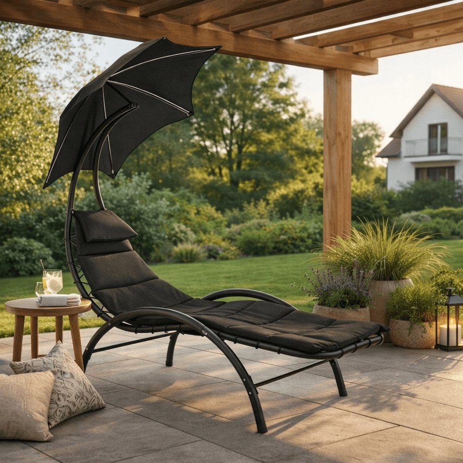 Leżak Ogrodowy Z Parasolem Leżanka Z Daszkiem Łóżko Czarny CARPA