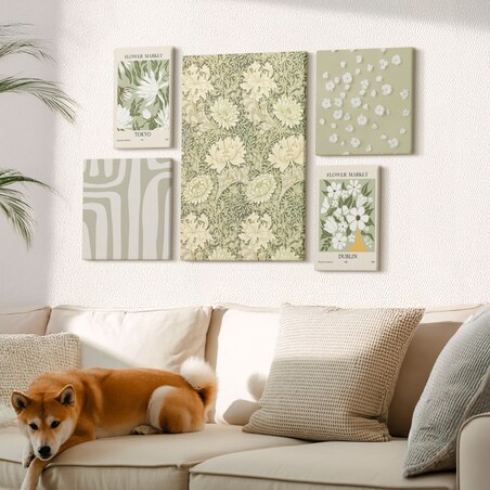 Zestaw 5 obrazów na płótnie - Roślinne boho z kwiatami - zielony