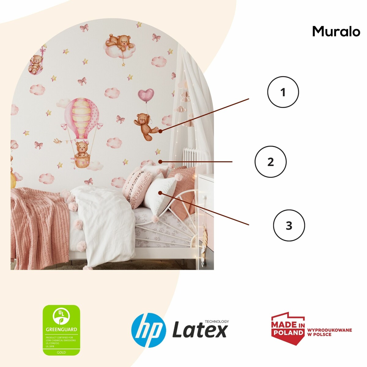 Naklejki Dla Dzieci Misie Różowe Chmurki Balony Gwiazdy Kokardki ZESTAW 120x60cm