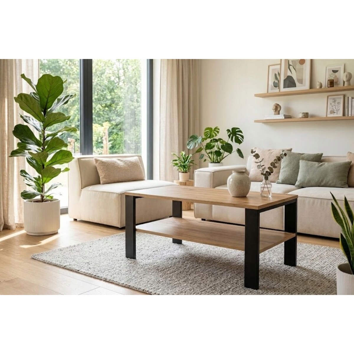 Stolik Kawowy Loft Dąb Evoke Czarny Stelaż 90X52Cm Ława Industrialna