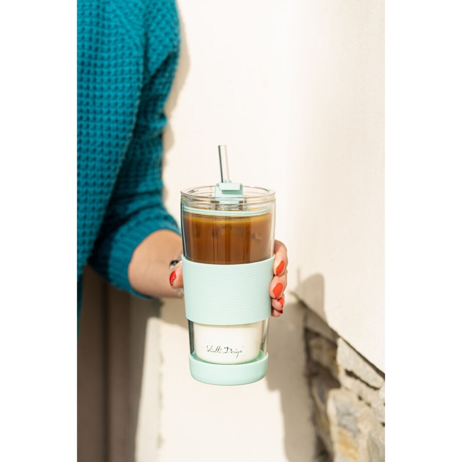 Kubek termiczny szklany ze słomką 600 ml miętowy Fuori 30428