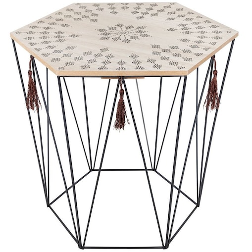 Stolik kawowy z drewna i metalu, sześciokątny blat ze wzorami