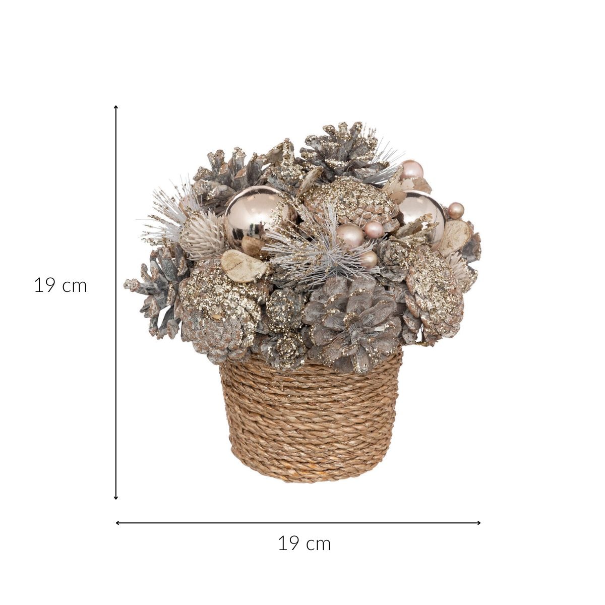 Kompozycja z szyszek i bombek w plecionej doniczce, 19 cm
