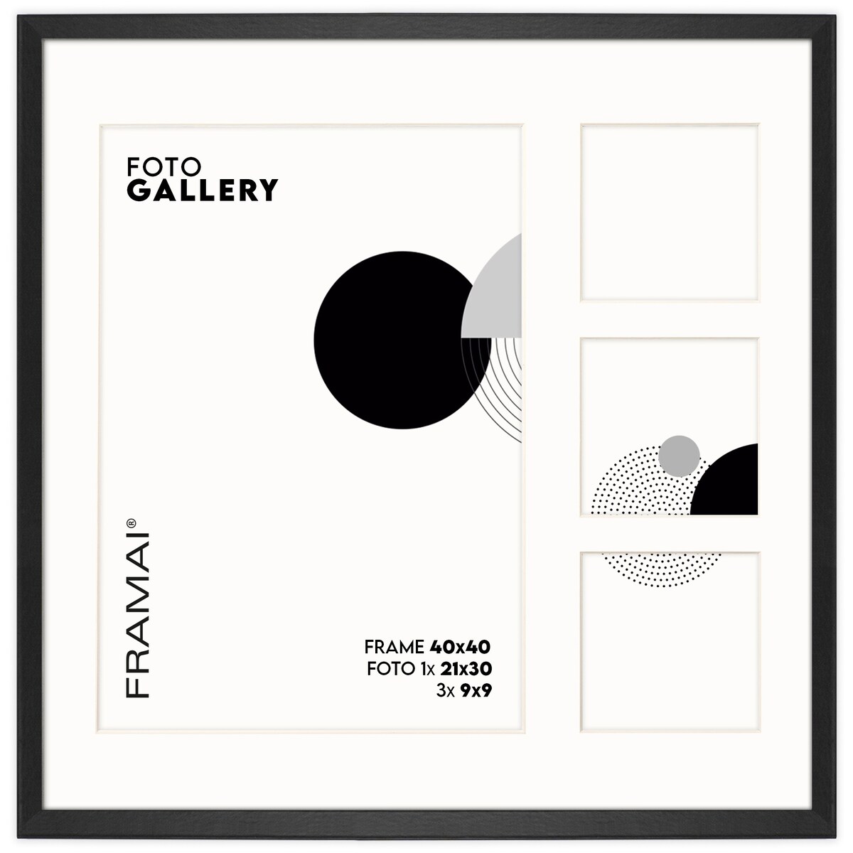 Ramka na 4 zdjęcia 1x 21x30 cm 3x 9x9 cm rama czarna 40x40 cm foto galeria zdjęć FRAMAI