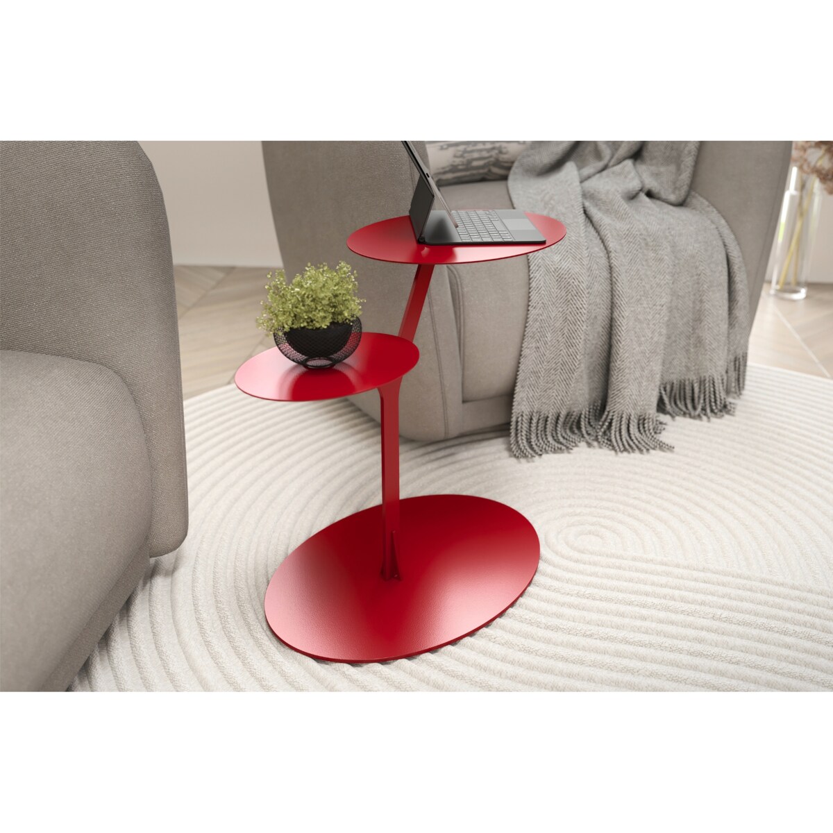 Stolik metalowy dwa blaty, kolor bordowy