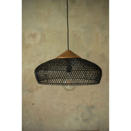 Rattanowa lampa z drewnem teakowym BONNET w rozmiarze M - czarna