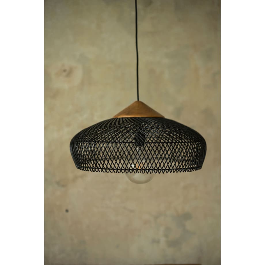Rattanowa lampa z drewnem teakowym BONNET w rozmiarze M - czarna