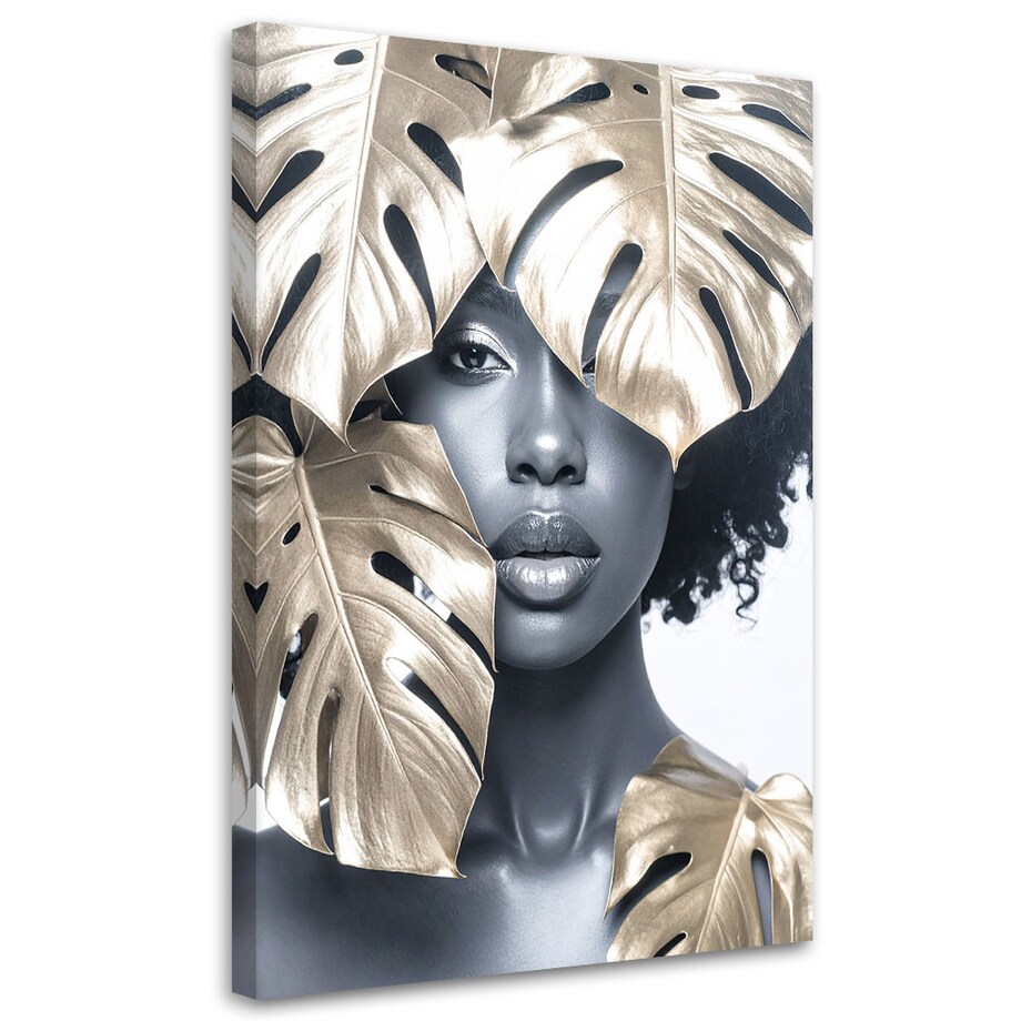 Obraz do salonu sypialni, Portret kobieta i złote liście monstery 60x90