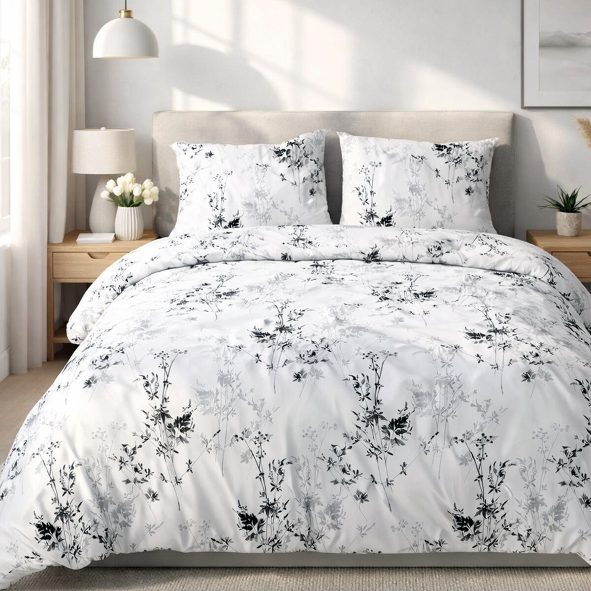 Pościel satyna bawełniana 180x200 Noira biała z czarnym i szarym botanicznym wzorem, Satynlove