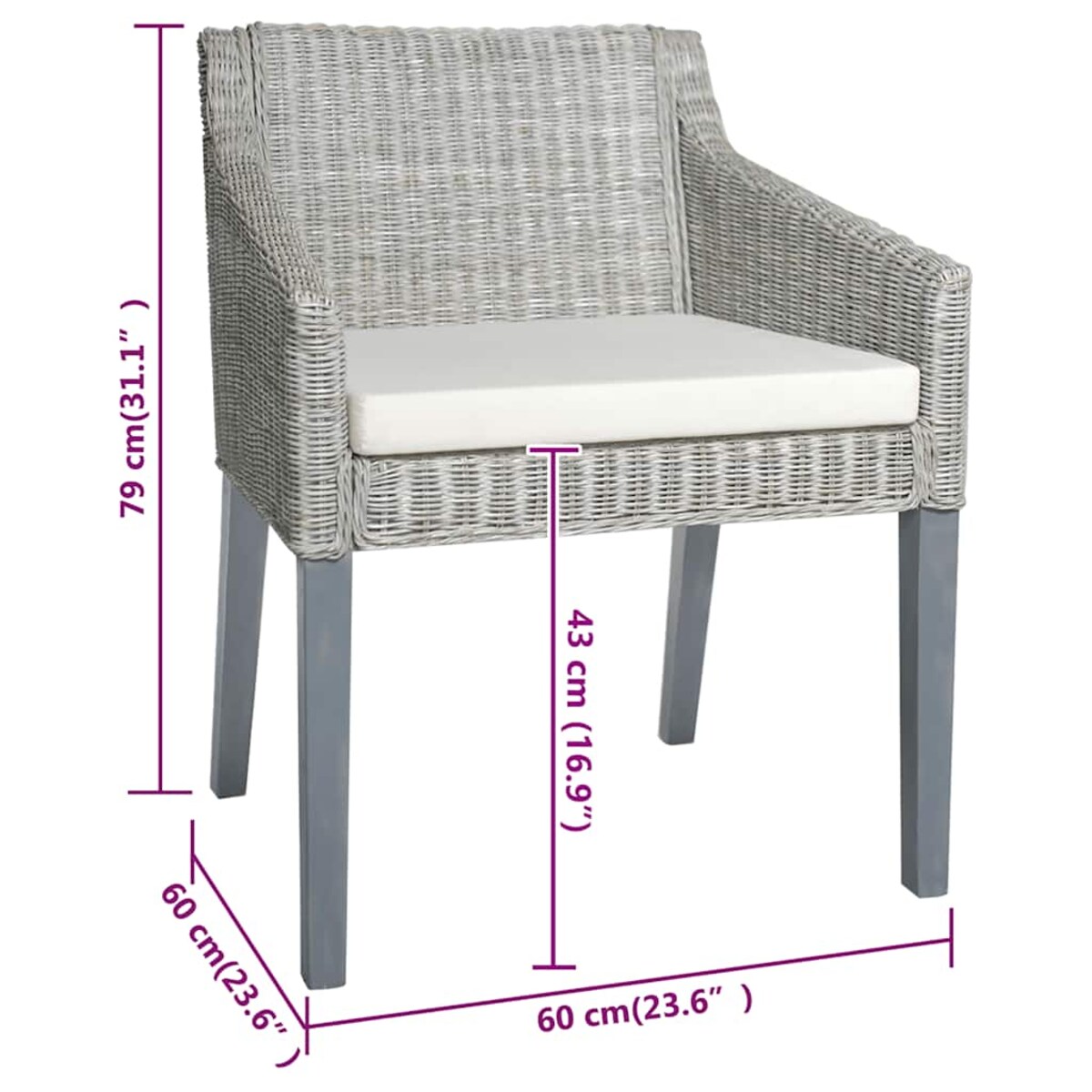 vidaXL Krzesła stołowe z poduszkami, 2 szt., szare, naturalny rattan
