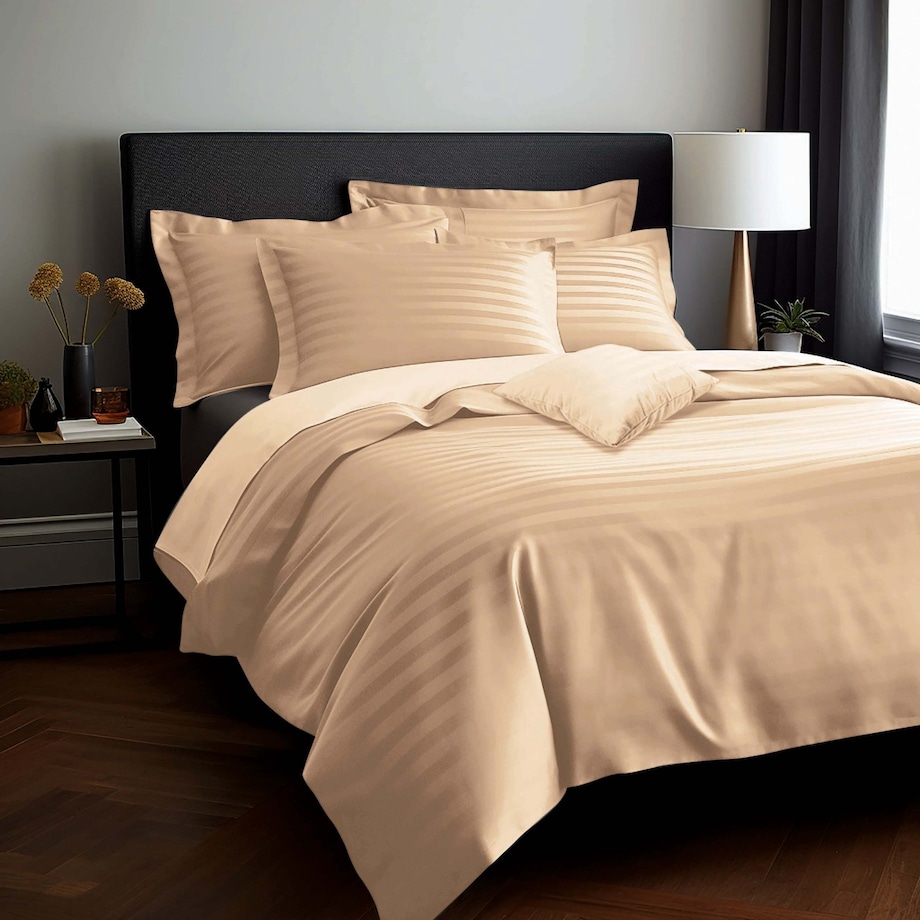 Pościel bambusowa satyna bawełniana 140x200 Bamboo paski, beżowa