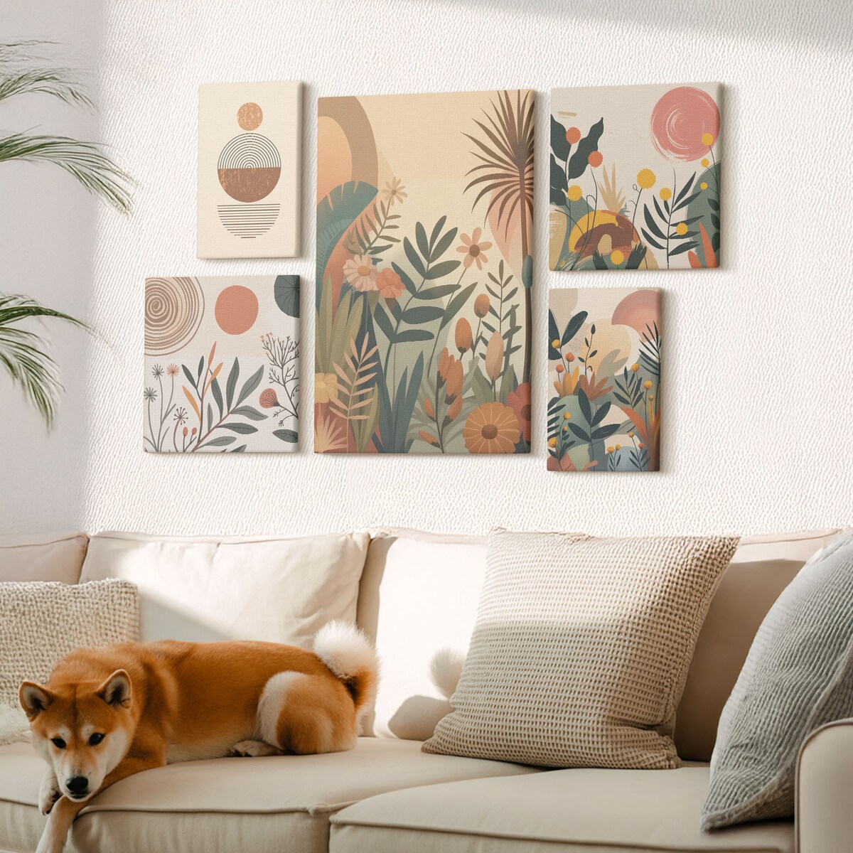 Zestaw 5 obrazów na płótnie - Roślinne motywy boho abstrakcja - brązowy