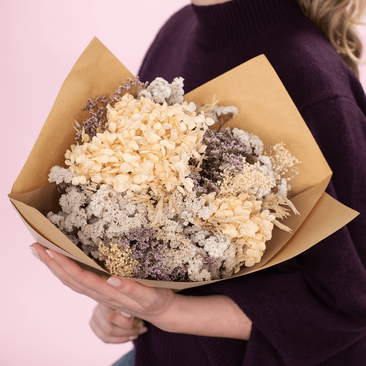 Bukiet suszonych kwiatów Luna premium - hortensja, zatrwian, eukaliptus