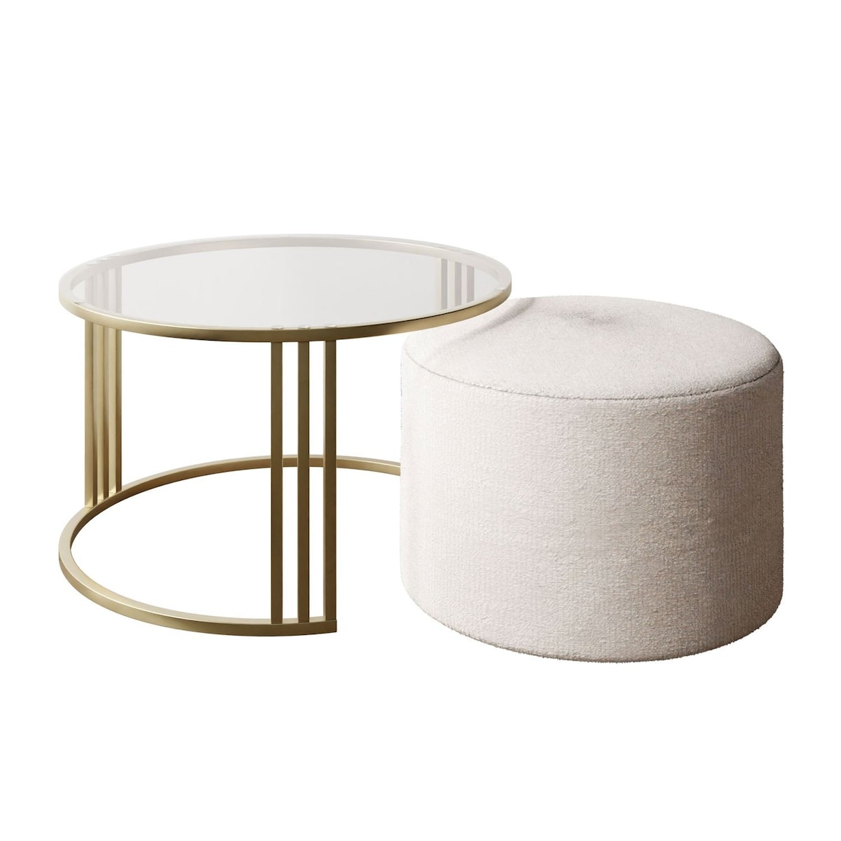 Stolik kawowy z pufą LORI GLASS złoto szczotkowane, przezroczyste szkło / Perfect Harmony 01
