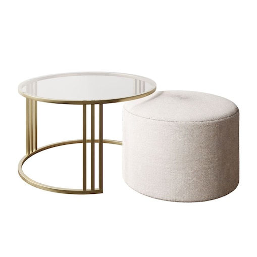Stolik kawowy z pufą LORI GLASS złoto szczotkowane, przezroczyste szkło / Perfect Harmony 01