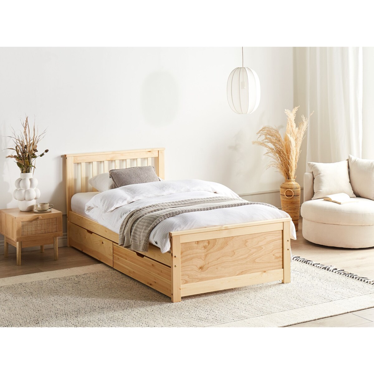 Łóżko ze schowkiem OLENDON 90 x 200 cm Z miejscem do przechowywania Drewno Jasne drewno