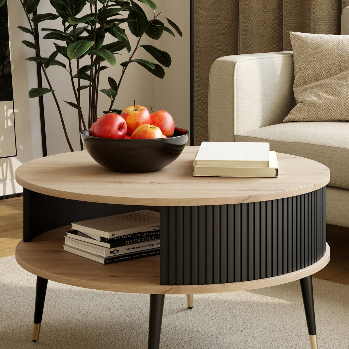 Stolik DO SALONU Okrągły Lamelowy DĄB ARTISAN Złote Nogi NOWOCZESNY 76 cm