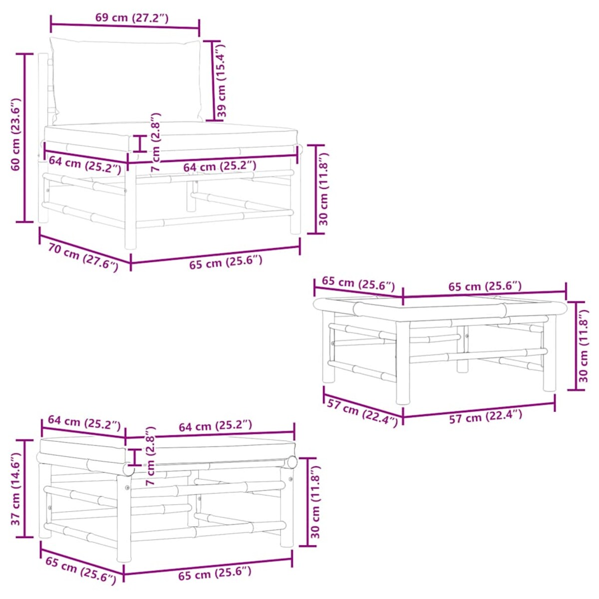 vidaXL 3-cz. zestaw mebli do ogrodu, ciemnoszare poduszki, bambus