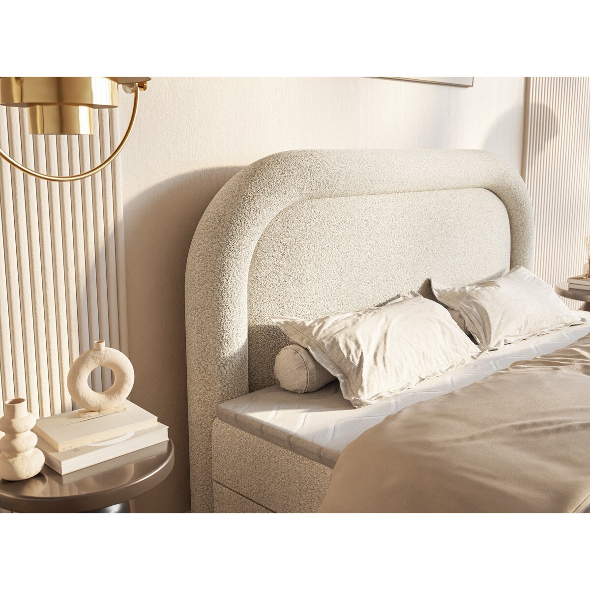 Łóżko ROSSINI z materacem, tkanina quella- ecru- styl skandynawski