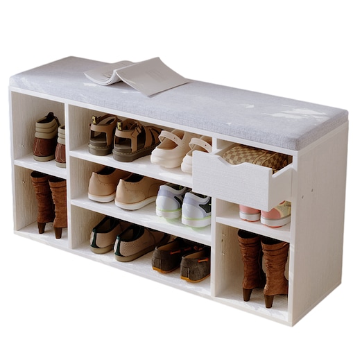 Szafka na buty z szarym siedziskiem biała przedpokój nowoczesna 100 cm