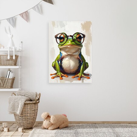 Obraz do pokoju nastolatka dziecka, Zielona żaba w okularach na beżowym tle 20x30 cm