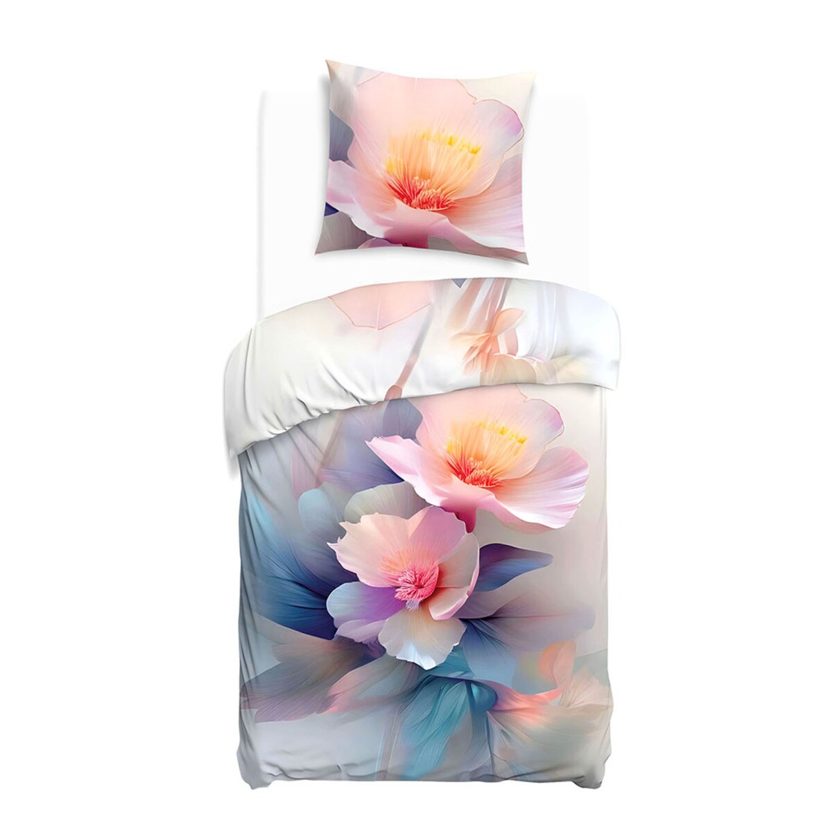 Pościel satyna bawełniana 140x200 Aurora biała i niebieska w pastelowe różowe kwiaty, Satynlove Premium