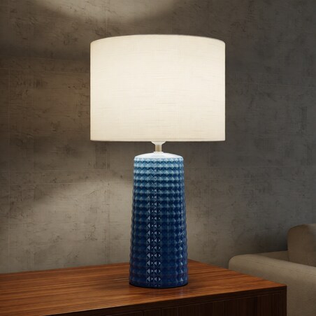 Lampa stołowa Gliss, kolor niebieski i biały, ceramika, żelazo i tkanina, 30 x 30 x 52 cm, 1 x E27, max. 40 W, styl nowoczesny, Mauro Ferretti