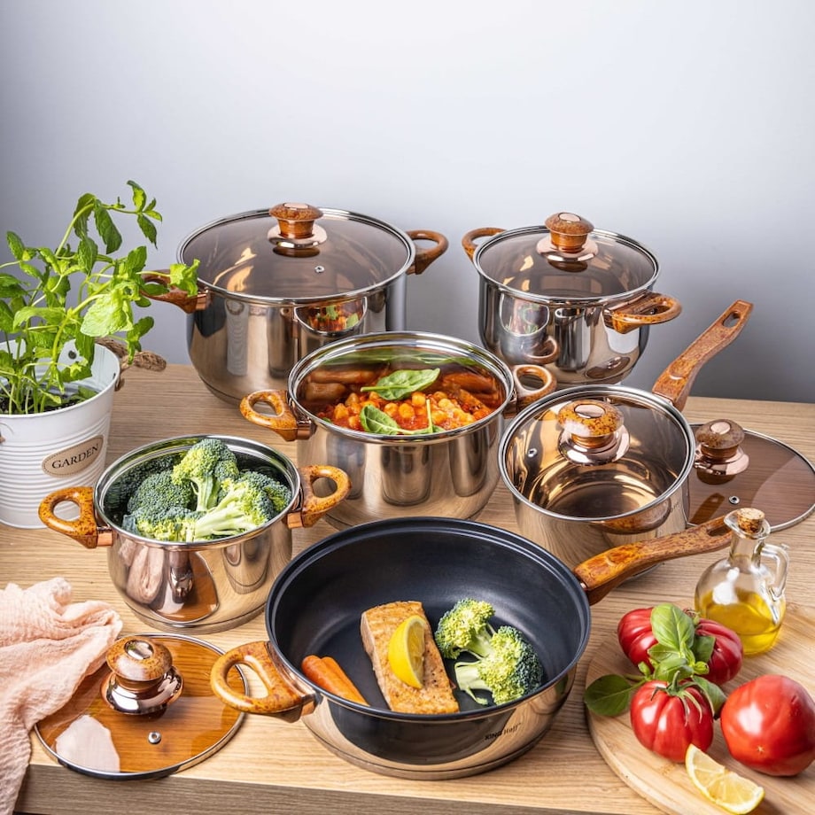 Zestaw garnków stalowych 12 ele. garnki indukcja komplet Jumbo Rosegold KINGHOFF