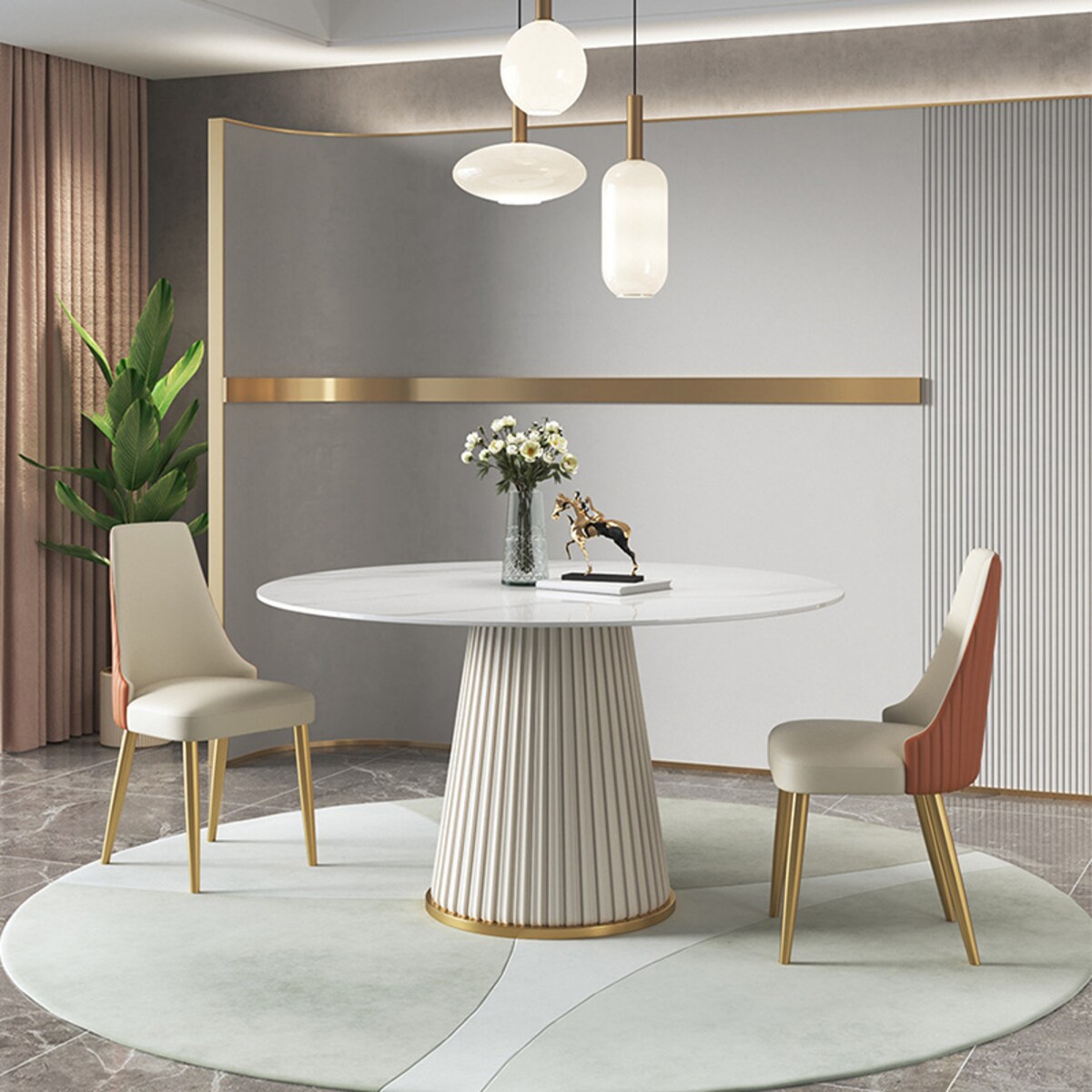 Nowoczesny stół złoty okrągły plisowany Glamour Nowojorski Blanka z kamiennym blatem o wzorze marmuru 120x120x75