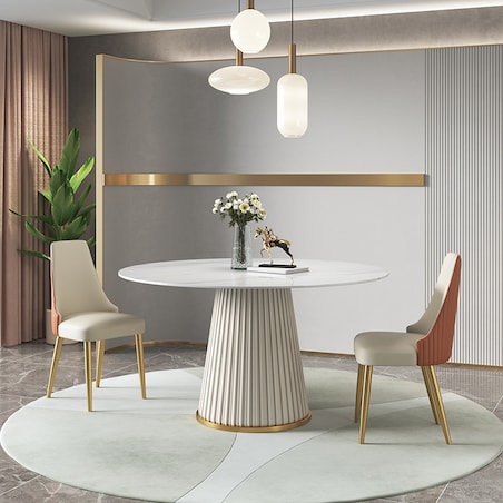 Nowoczesny stół złoty okrągły plisowany Glamour Nowojorski Blanka z kamiennym blatem o wzorze marmuru 120x120x75