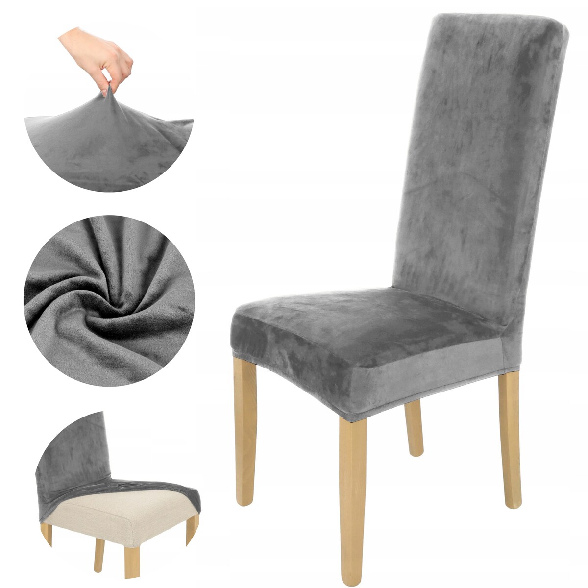 Pokrowiec Na Krzesło Wysokie Oparcie Szary Welur Elastyczny