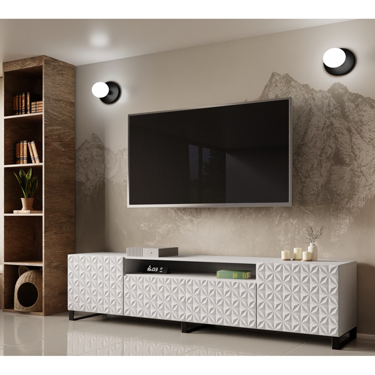 Szafka RTV ALI 200 cm, stojąca, z ozdobnymi frontami, pod telewizor- biała