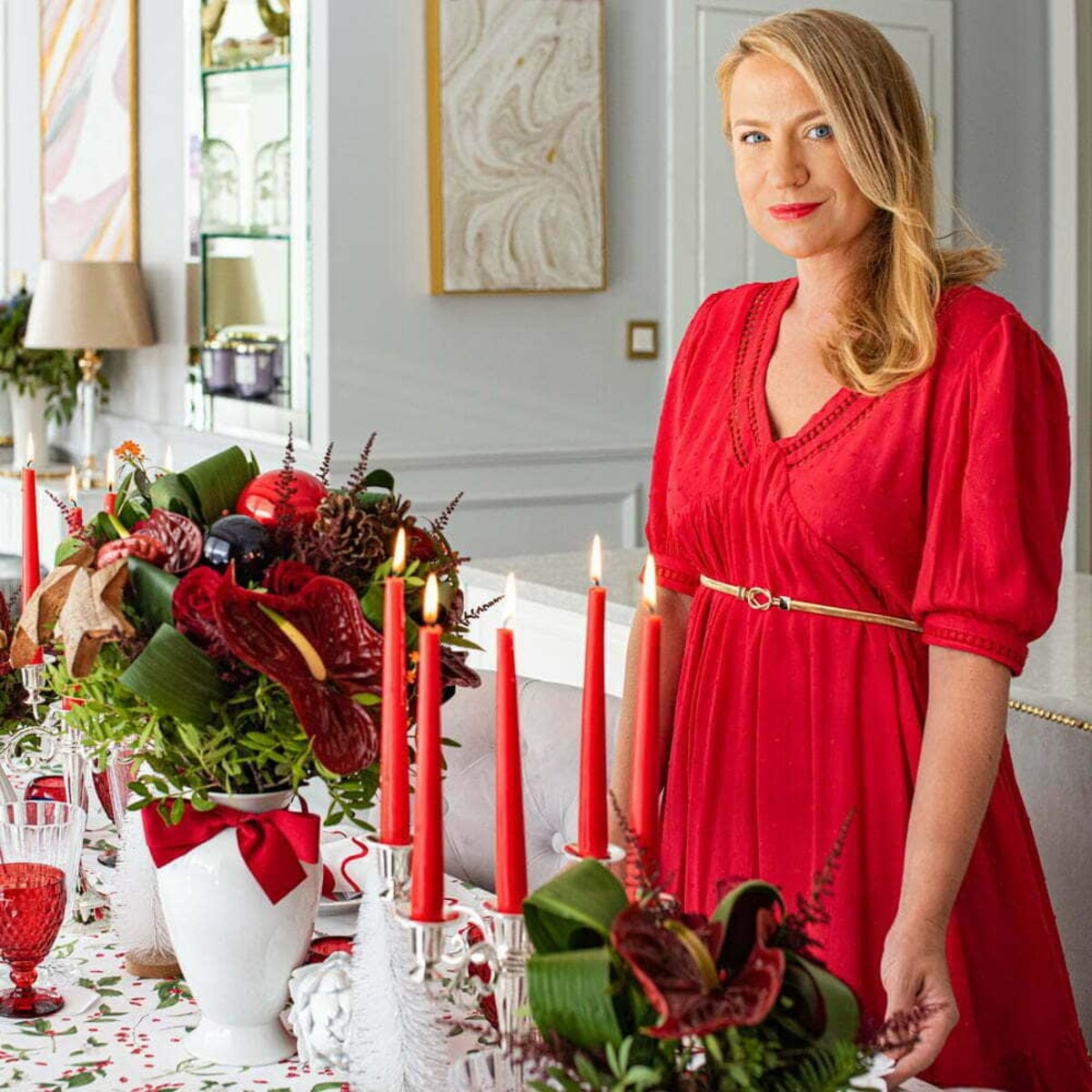 Haftowane serwetki Red Christmas Bows - 6 sztuk