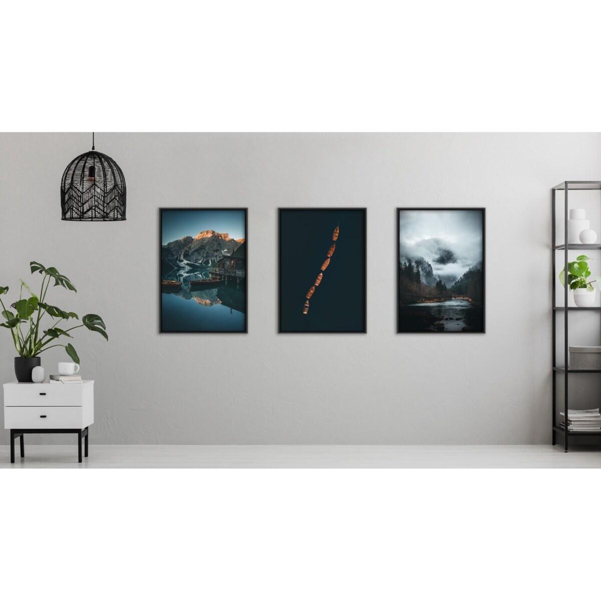 ZESTAW 3x Plakat W Ramie Łódki Na Górskim Jeziorze Efekt 3D 30x40cm