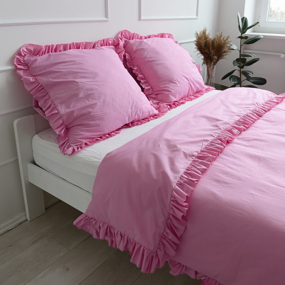Poszewka Pościel Na Kołdrę Z Ozdobną Falbanką Różowa 180X200 Cm