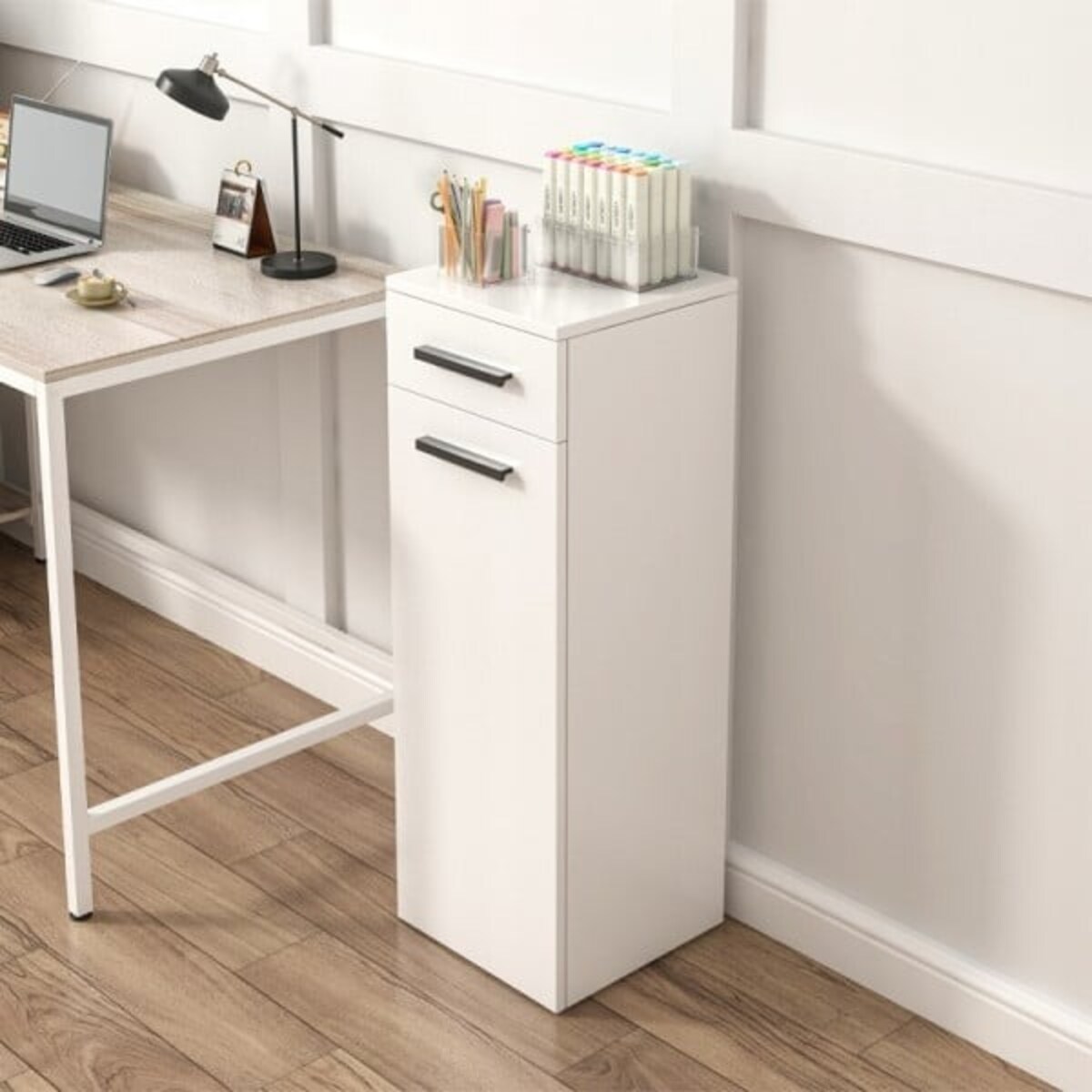 Regał biurowy z szufladą półkami słupek szafka stojąca biały loft 85 cm