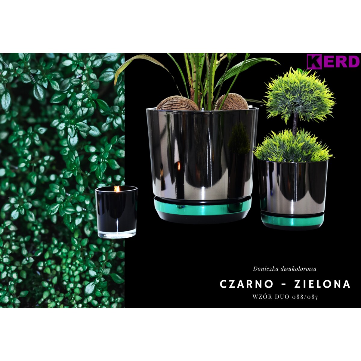 21 Doniczka DUO ZIELONA z podstawką CZARNA dwukolorowa nowoczesna glamour wysoki połysk metaliczna elegancka
