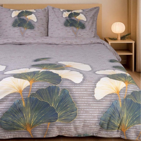 Pościel flanelowa 180x200 Solenne Dark szara, liście miłorzębu, Flanelove