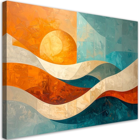Obraz do salonu sypialni biura, Fale abstrakcja turkusowy i pomarańczowy
