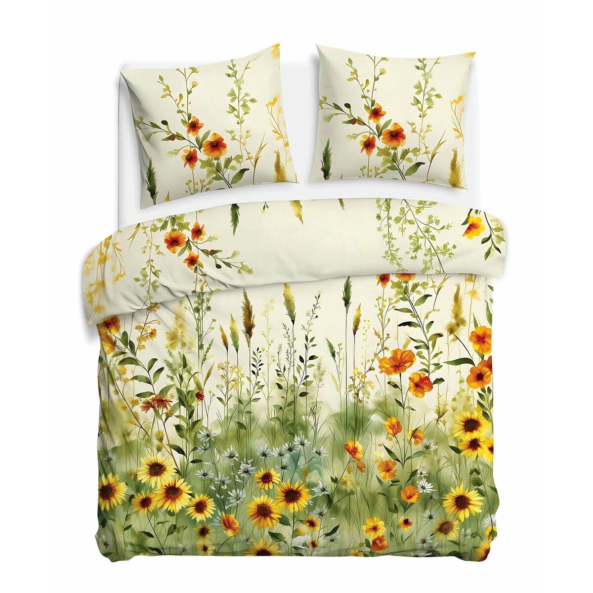 Pościel satyna bawełniana 160x200 Solaia kremowa, kwiatowa zielona łąka, Satynlove Premium