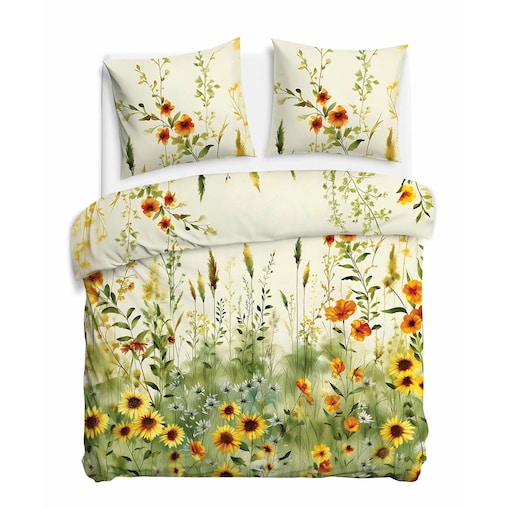 Pościel satyna bawełniana 160x200 Solaia kremowa, kwiatowa zielona łąka, Satynlove Premium