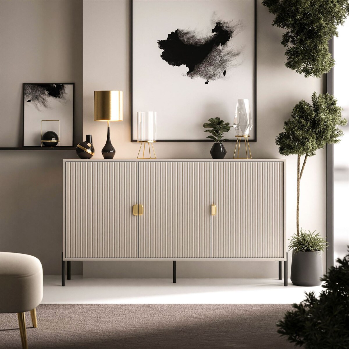 Komoda trzydrzwiowa DALIA 3D, kaszmir, nóżki czarne