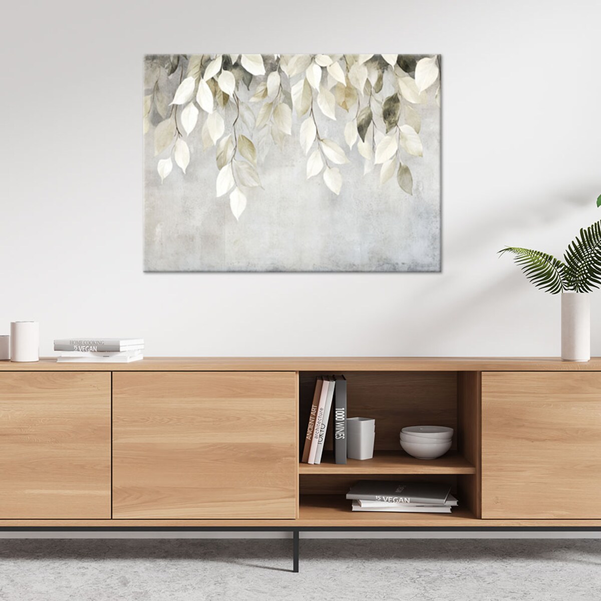 Nowoczesny Obraz do salonu sypialni kuchni na ścianę Beżowe wiszące liście gałązki beton boho 120x80